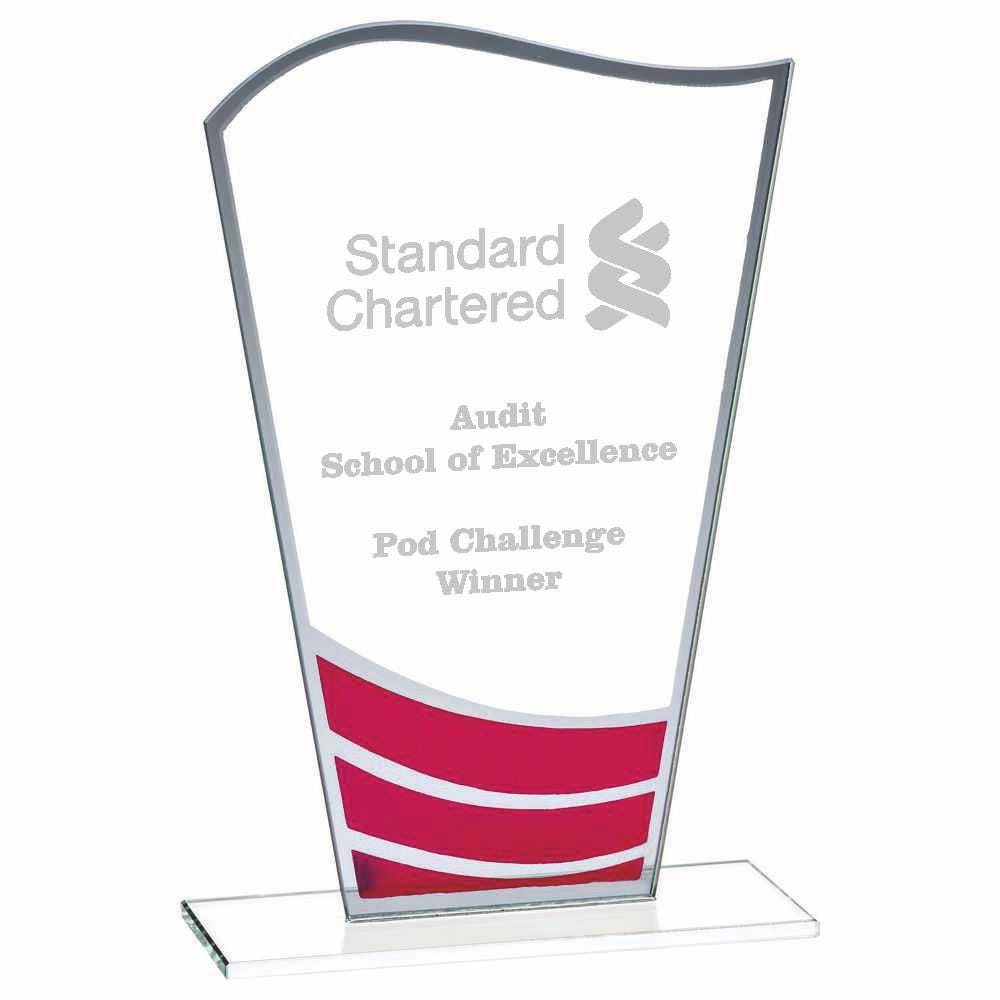 Clear Red Wave Glass Award - Personalisable Engraving - Available in 3 Sizes