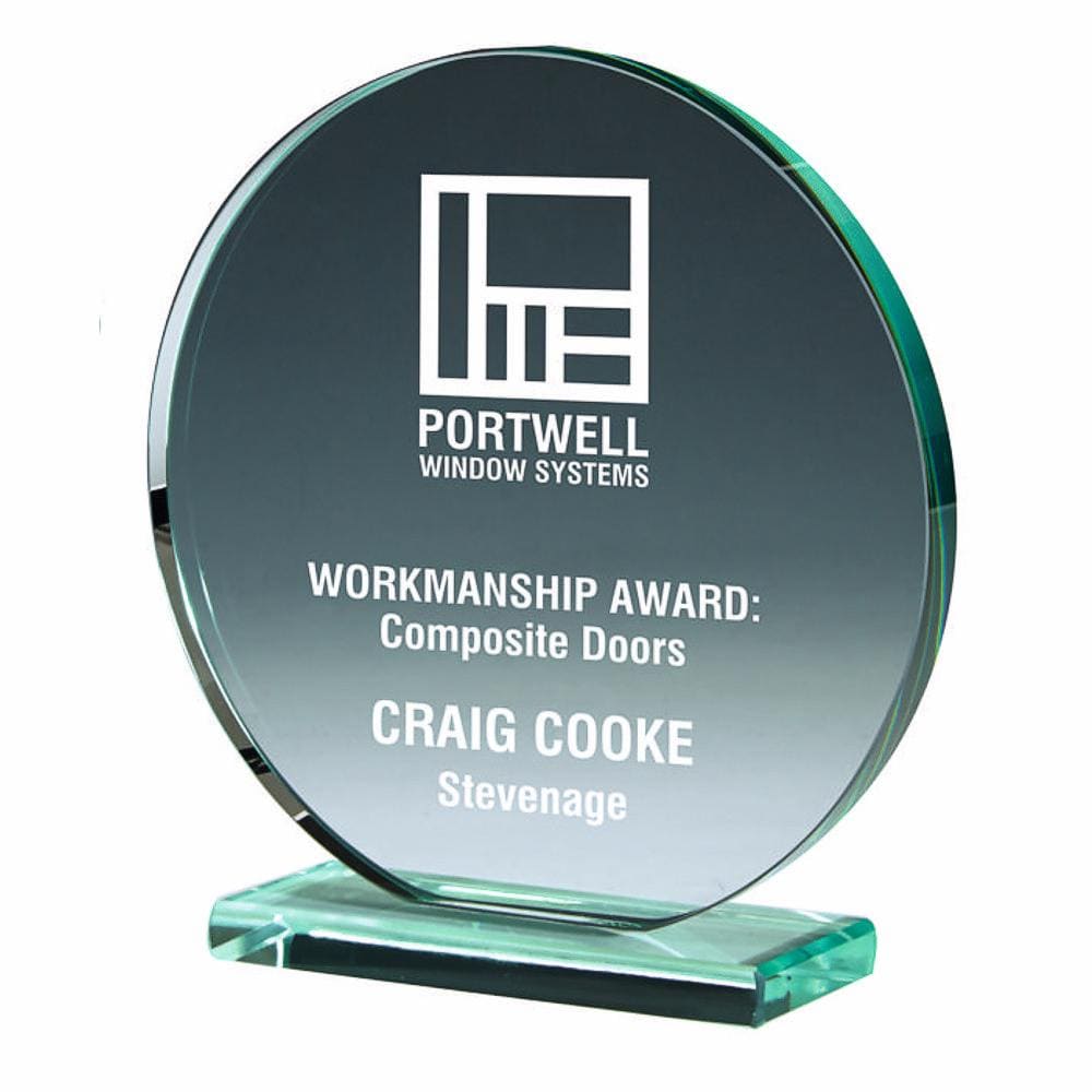 Round Jade Glass Stand Award - Personalisable Engraving - Available in 3 Sizes