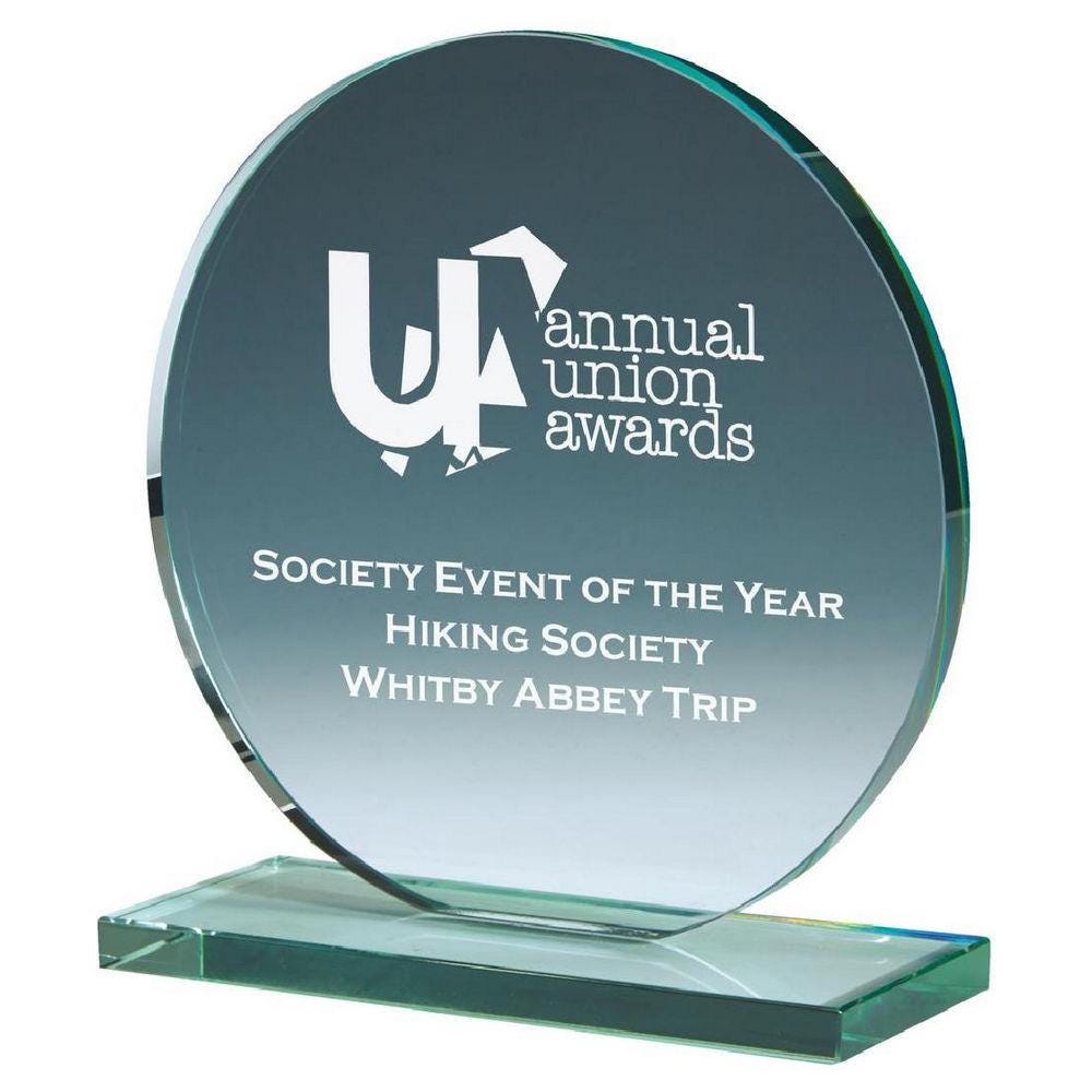 Round Jade Glass Stand Award - Personalisable Engraving - Available in 3 Sizes