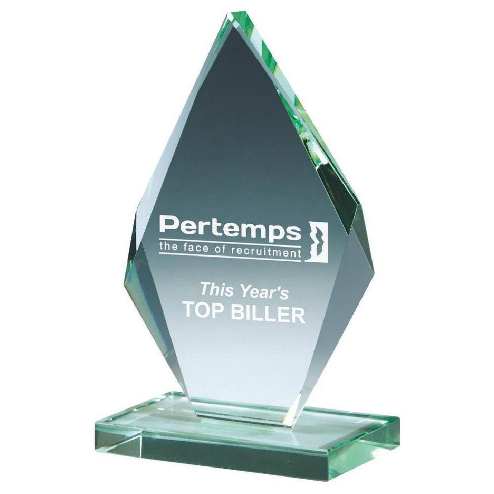 Beveled Jade Glass Diamond Stand Award - Personalisable Engraving - Available in 4 Sizes