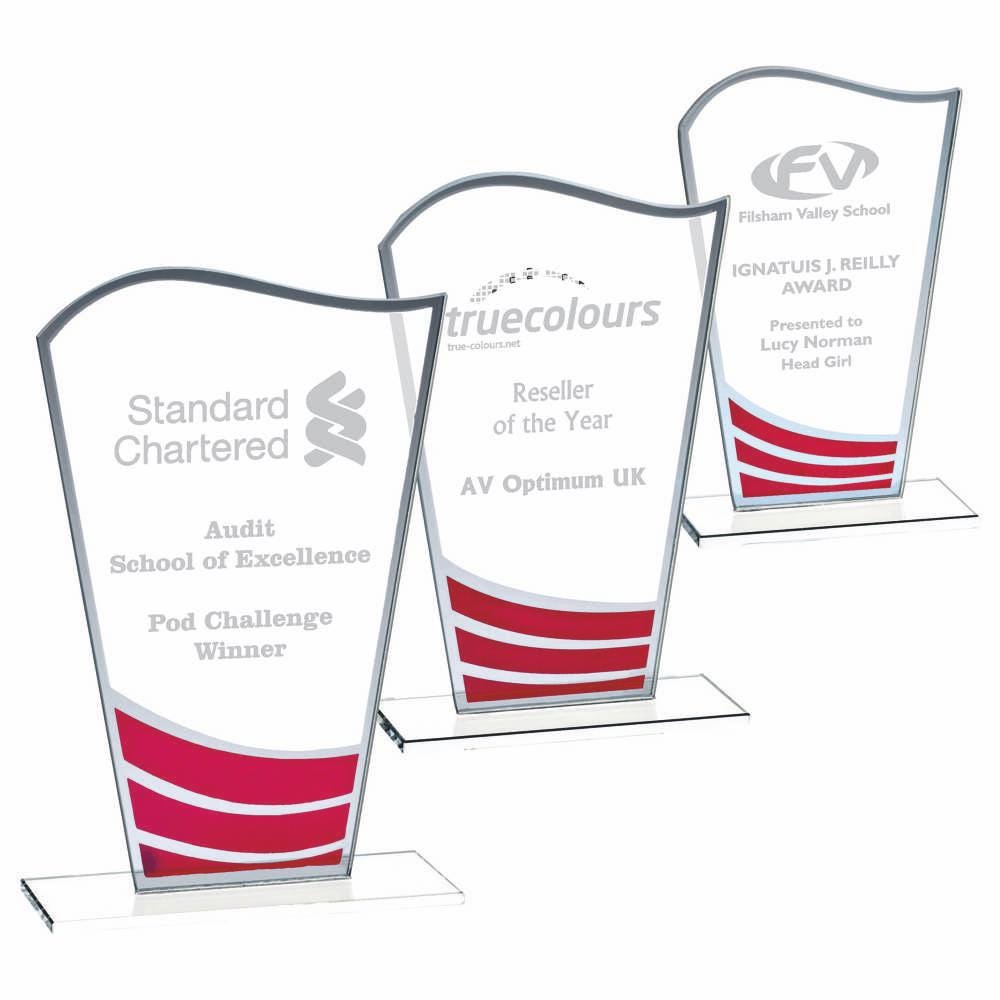 Clear Red Wave Glass Award - Personalisable Engraving - Available in 3 Sizes
