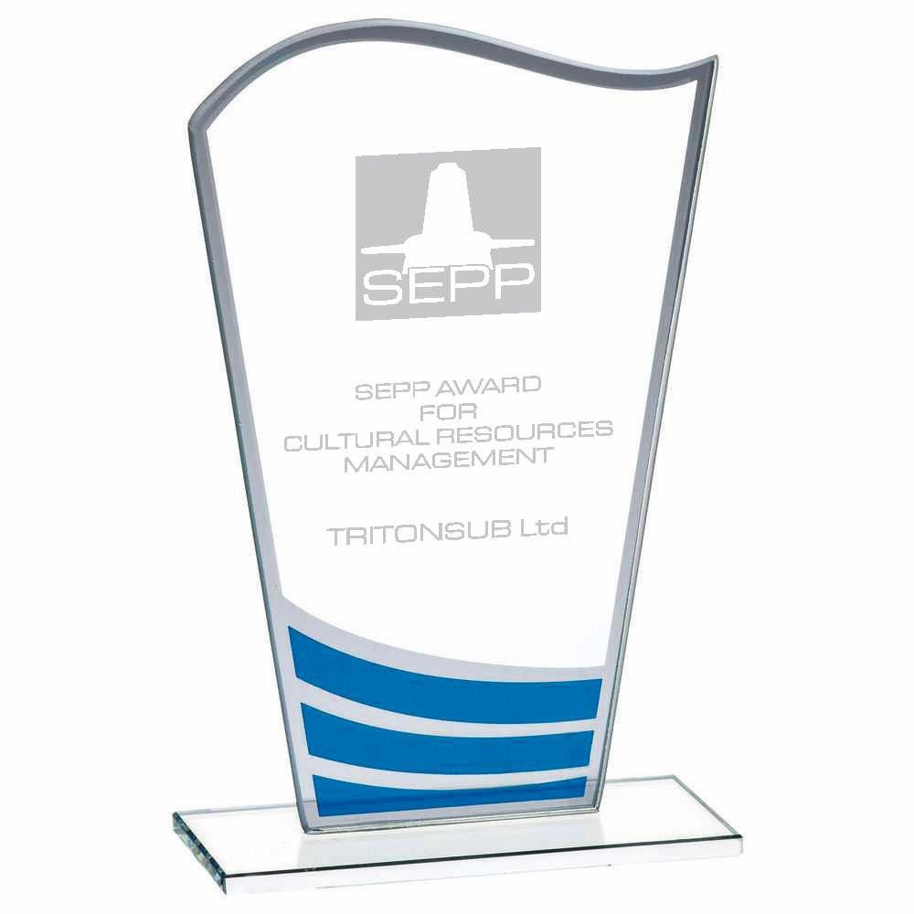 Clear Blue Wave Glass Award - Personalisable Engraving - Available in 3 Sizes