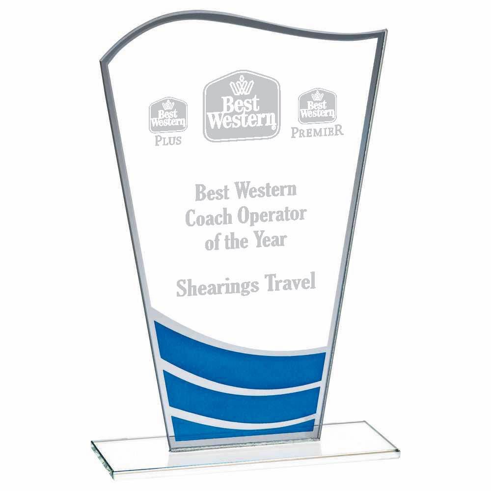 Clear Blue Wave Glass Award - Personalisable Engraving - Available in 3 Sizes