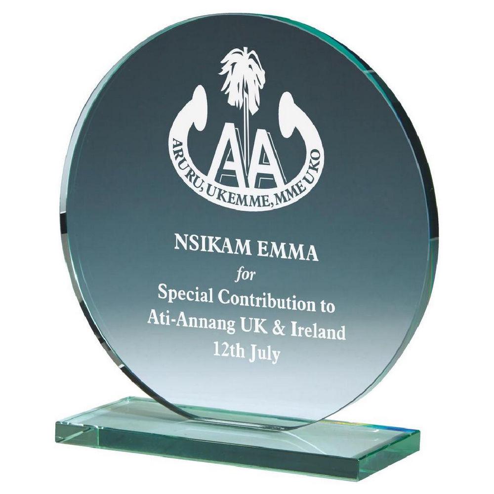 Round Jade Glass Stand Award - Personalisable Engraving - Available in 3 Sizes