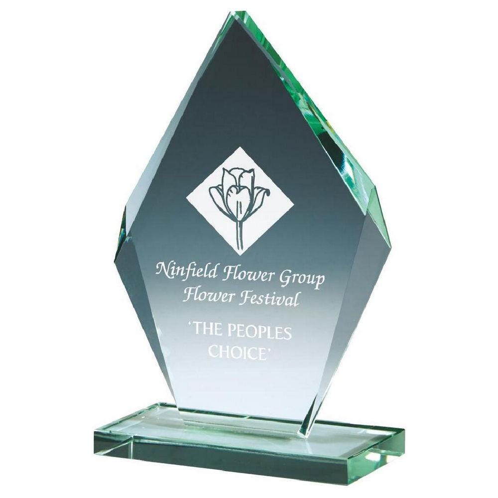 Beveled Jade Glass Diamond Stand Award - Personalisable Engraving - Available in 4 Sizes