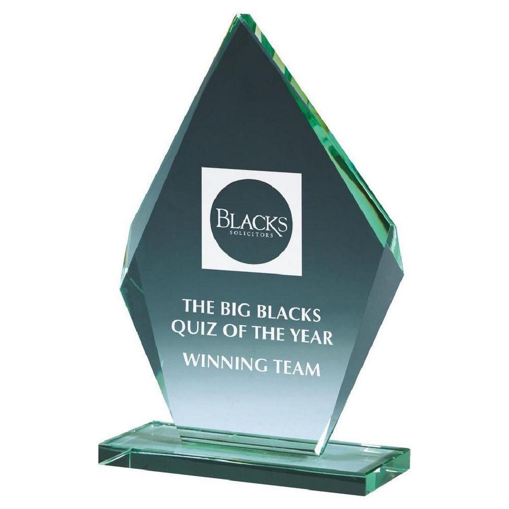 Beveled Jade Glass Diamond Stand Award - Personalisable Engraving - Available in 4 Sizes