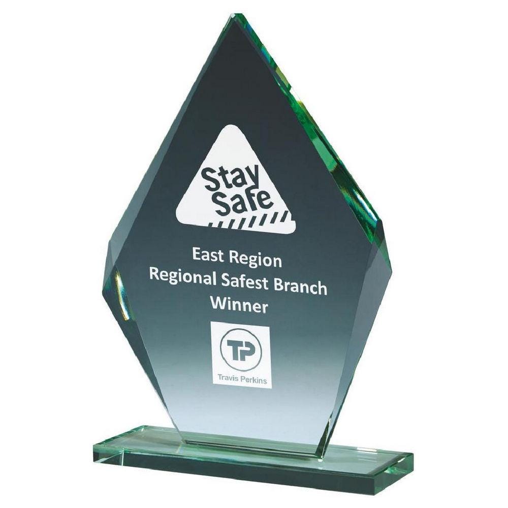 Beveled Jade Glass Diamond Stand Award - Personalisable Engraving - Available in 4 Sizes