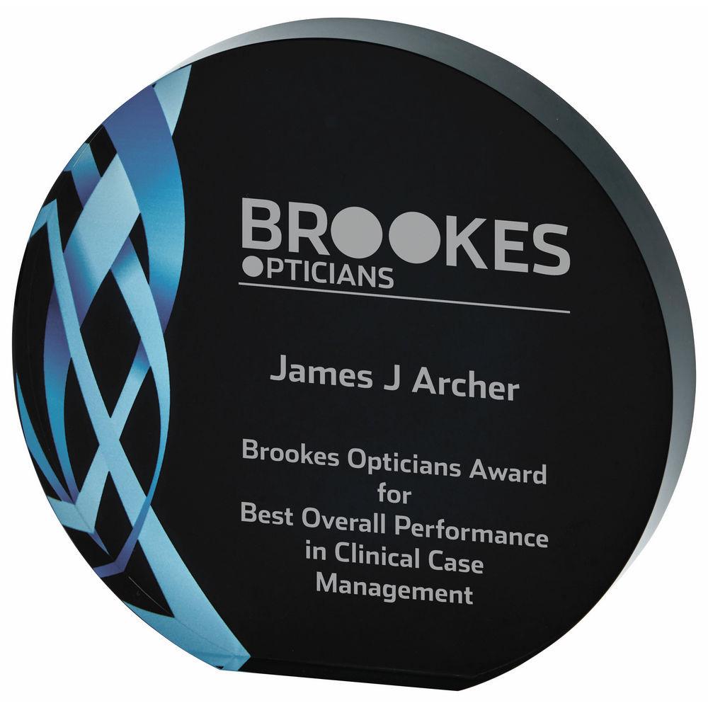 Circular Blue Glass Award - Black Background - with Presentation Case - Personalisable Engraving - Available in 2 Sizes
