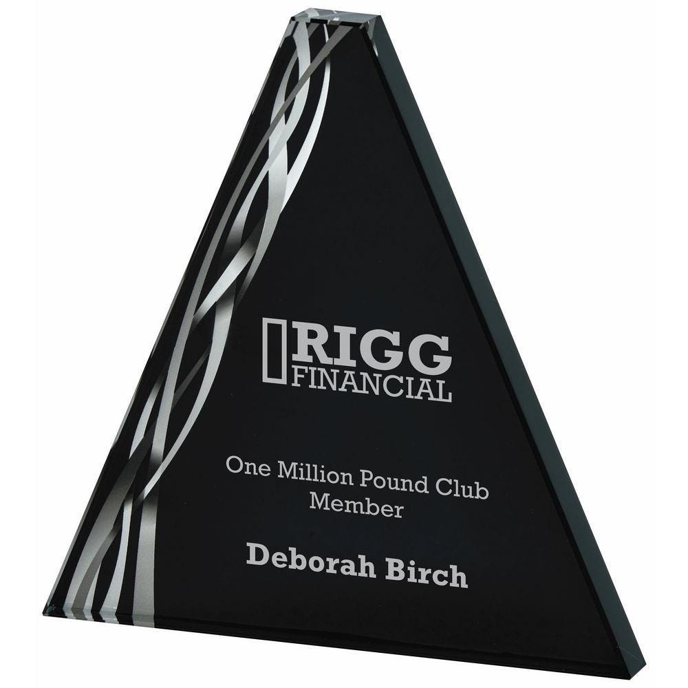 Triangular Silver Glass Award - Black Background - with Presentation Case - Personalisable Engraving - Available in 2 Sizes