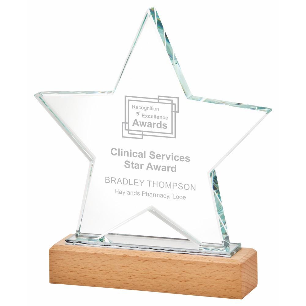 Star Glass Stand Award with Wooden Base - Available in 2 Sizes