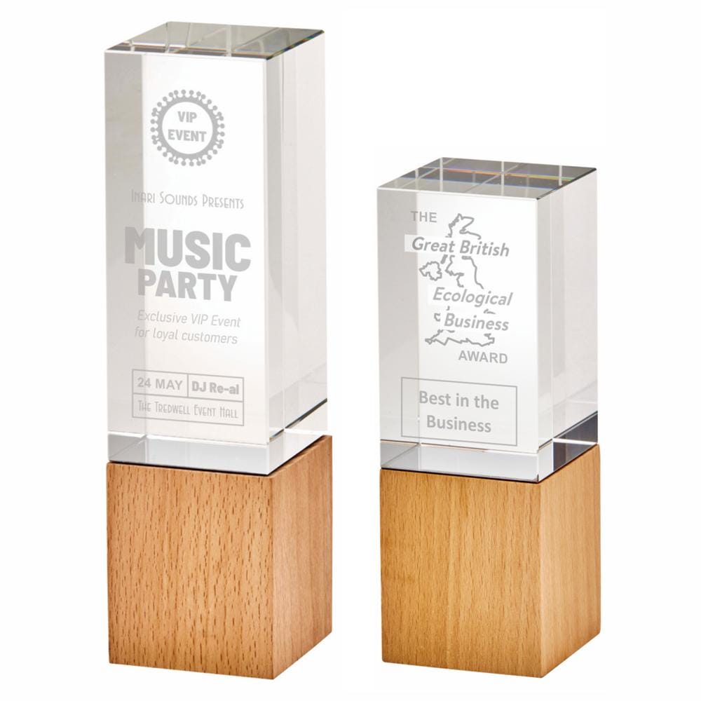 Glass Square Column Award with Wooden Base - Available in 2 Sizes