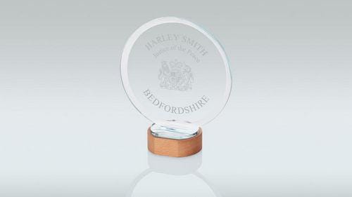 Clear Glass Circle On Light Wood Base (10mm Thick) - Personalisable Engraving