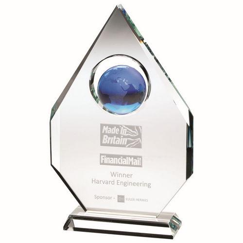 Clear Glass Diamond Plaque With Blue Globe - Personalisable Engraving