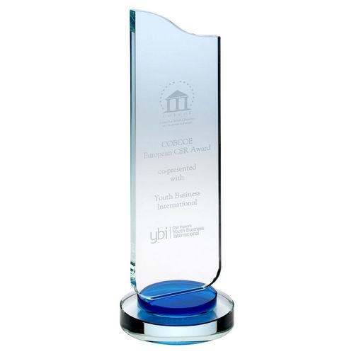 Clear Glass Plaque With Blue Collar On Round Base - Personalisable Engraving