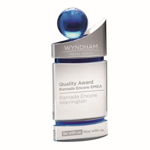 Clear/Blue Domed Glass Plaque With Blue Globe - Personalisable Engraving