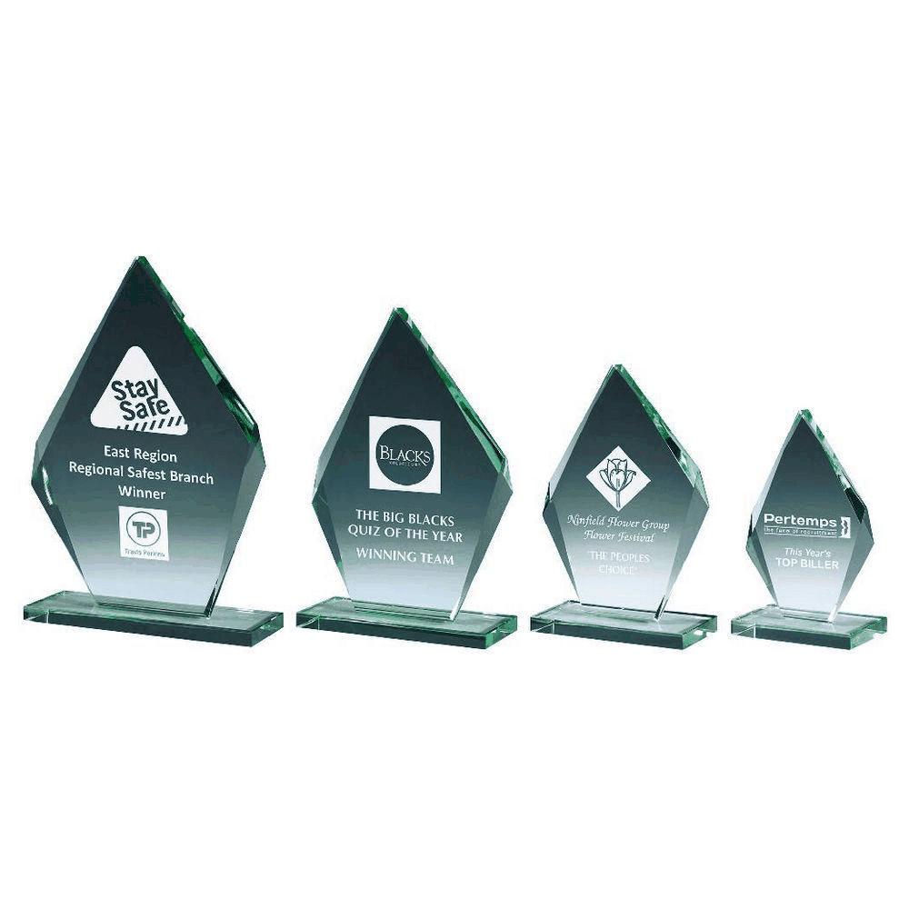 Beveled Jade Glass Diamond Stand Award - Personalisable Engraving - Available in 4 Sizes