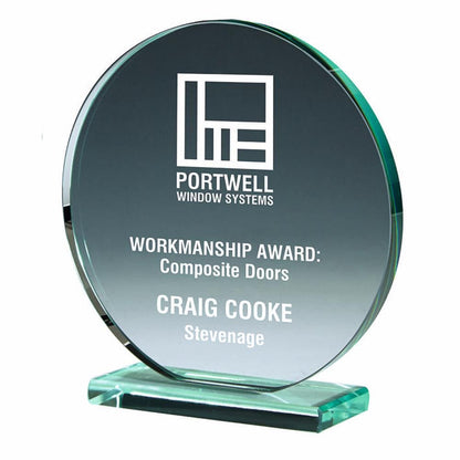Round Jade Glass Stand Award - Personalisable Engraving - Available in 3 Sizes