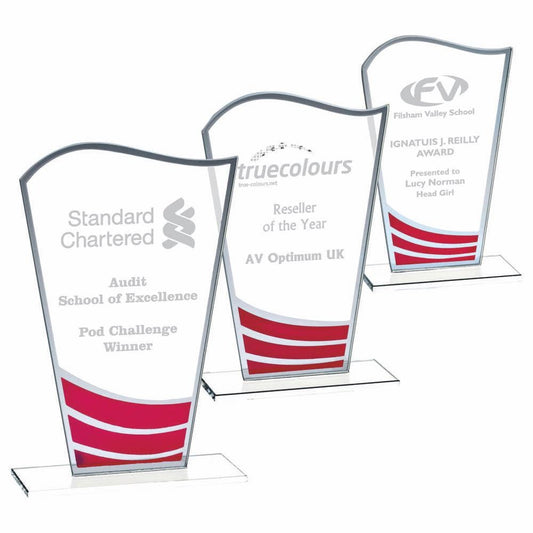 Clear Red Wave Glass Award - Personalisable Engraving - Available in 3 Sizes