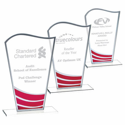 Clear Red Wave Glass Award - Personalisable Engraving - Available in 3 Sizes
