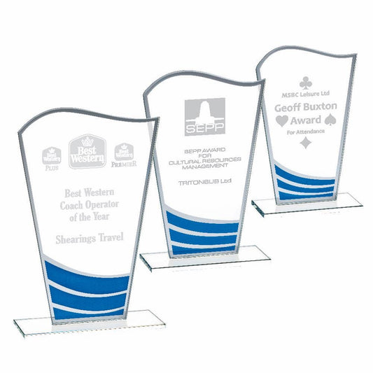 Clear Blue Wave Glass Award - Personalisable Engraving - Available in 3 Sizes