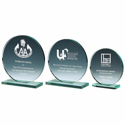 Round Jade Glass Stand Award - Personalisable Engraving - Available in 3 Sizes