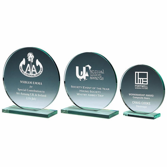 Round Jade Glass Stand Award - Personalisable Engraving - Available in 3 Sizes
