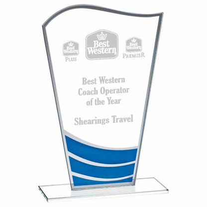 Clear Blue Wave Glass Award - Personalisable Engraving - Available in 3 Sizes