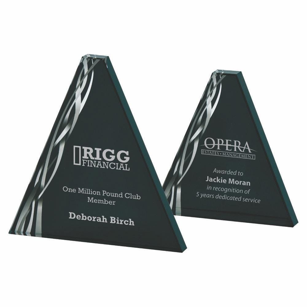 Triangular Silver Glass Award - Black Background - with Presentation Case - Personalisable Engraving - Available in 2 Sizes