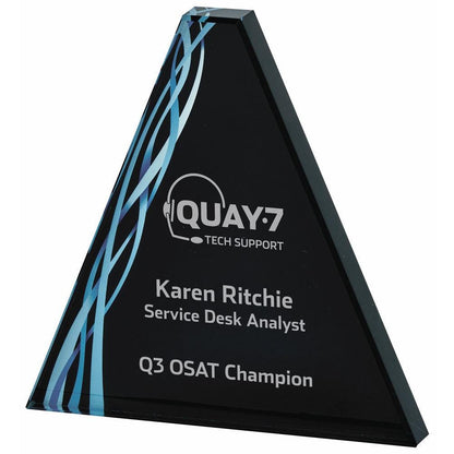 Triangular Blue Glass Award - Black Background - with Presentation Case - Personalisable Engraving - Available in 2 Sizes