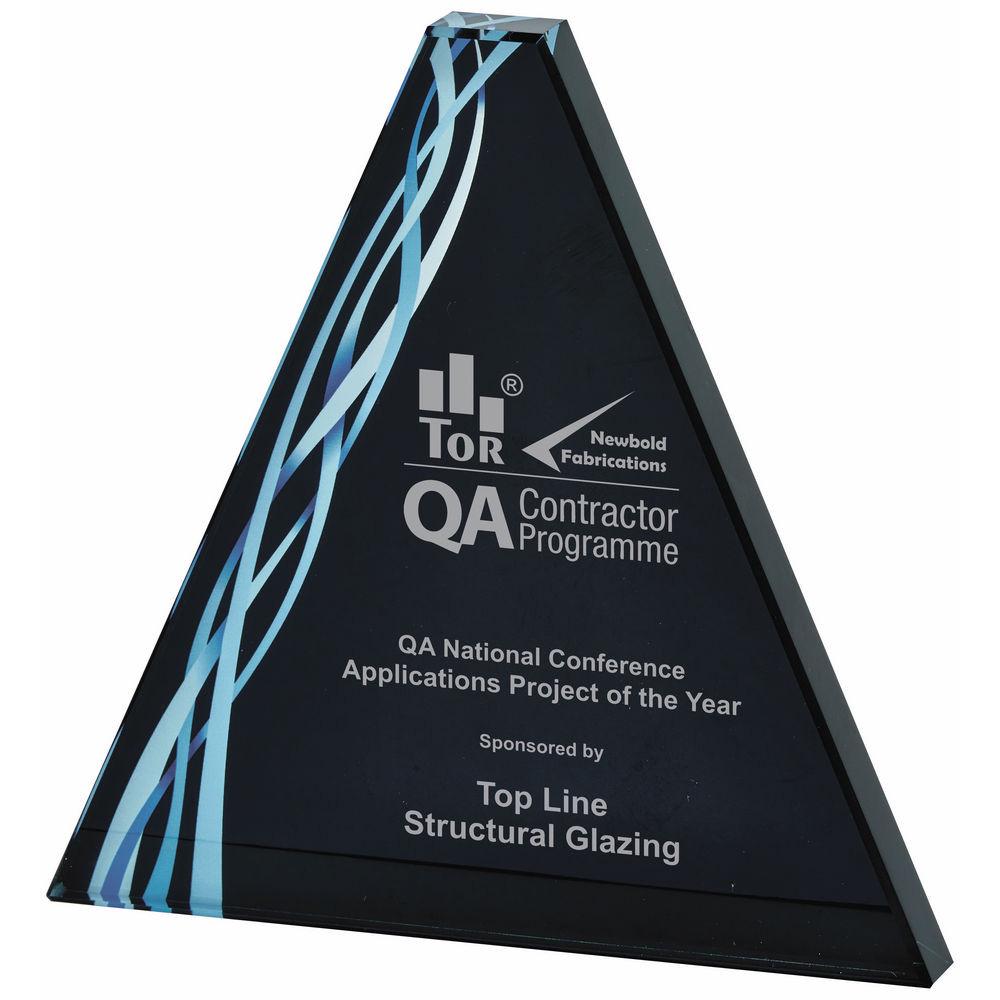 Triangular Blue Glass Award - Black Background - with Presentation Case - Personalisable Engraving - Available in 2 Sizes