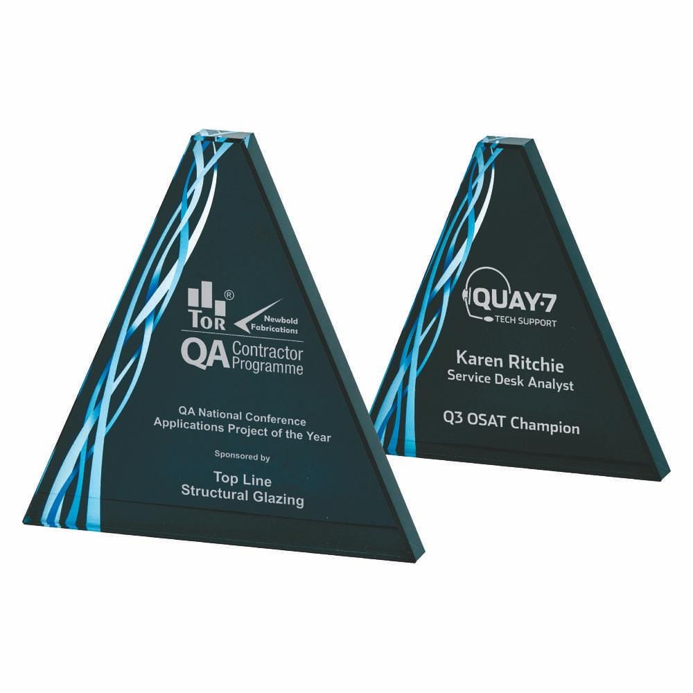 Triangular Blue Glass Award - Black Background - with Presentation Case - Personalisable Engraving - Available in 2 Sizes