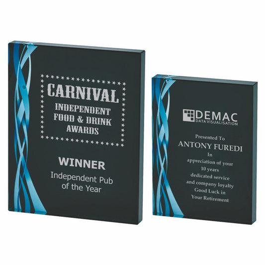 Rectangular Blue Glass Award - Black Background - Personalisable Engraving - Available in 2 Sizes