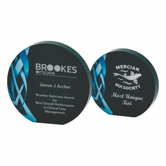 Circular Blue Glass Award - Black Background - with Presentation Case - Personalisable Engraving - Available in 2 Sizes