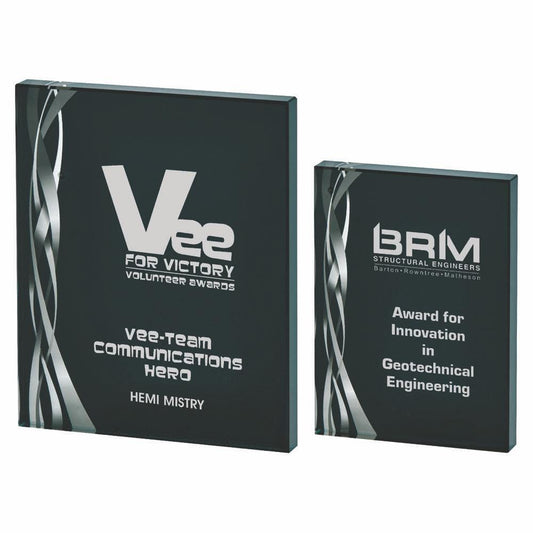 Rectangular Silver Glass Award - Black Background - Personalisable Engraving - Available in 2 Sizes
