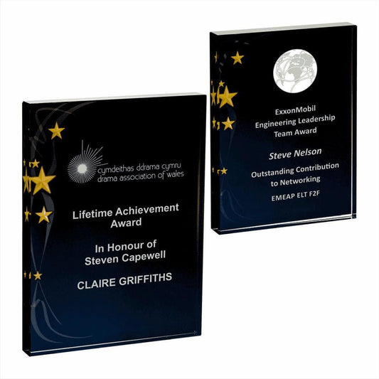 Rectangular Glass Award - Black Background with Gold Stars - Personalisable Engraving - Available in 2 Sizes
