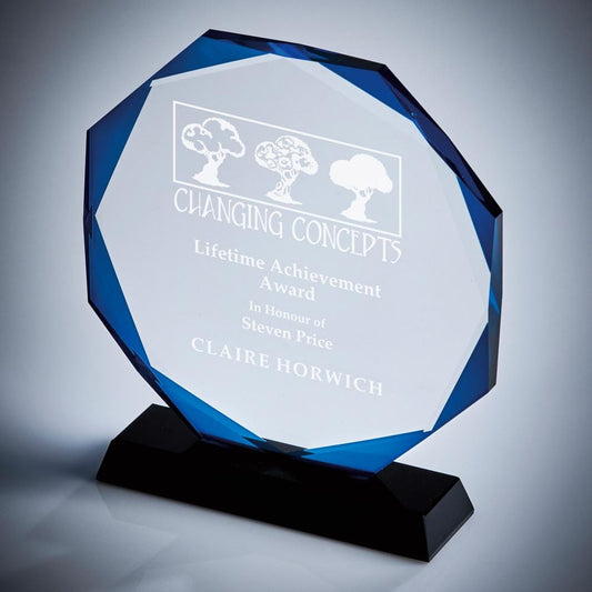 Crystal with Blue "Halo" with Presentation Case - Personalisable Engraving - Available in 3 Sizes