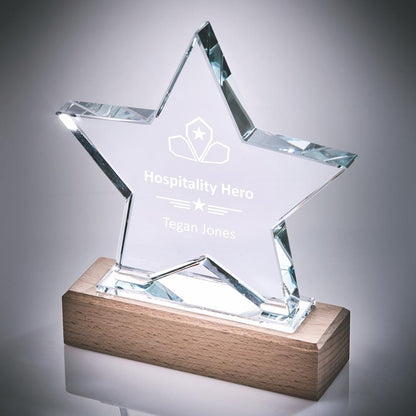 Star Glass Stand Award with Wooden Base - Available in 2 Sizes