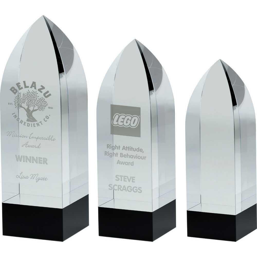 Clear Glass Arrowhead (20mm Thick) On Round Black Base - Personalisable Engraving