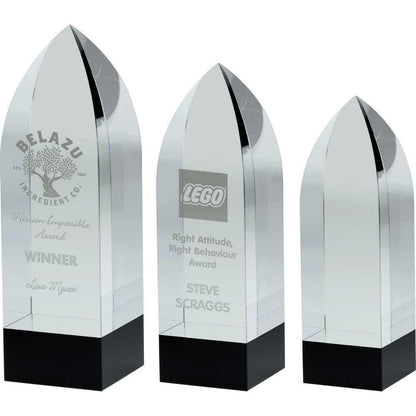 Clear Glass Arrowhead (20mm Thick) On Round Black Base - Personalisable Engraving