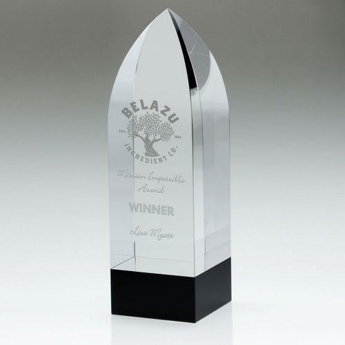 Clear Glass Arrowhead (20mm Thick) On Round Black Base - Personalisable Engraving
