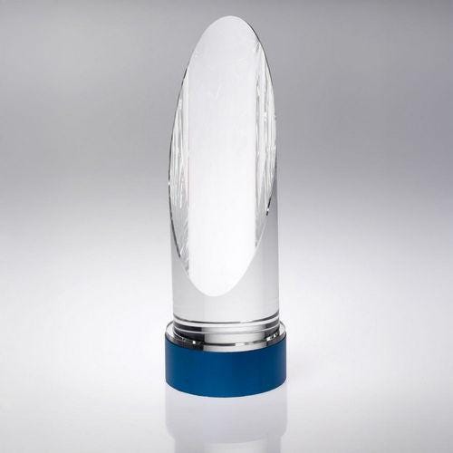 Clear Glass Round Column On Blue Metal Base (70mm Diameter) - Personalisable Engraving
