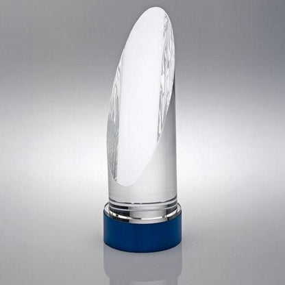 Clear Glass Round Column On Blue Metal Base (70mm Diameter) - Personalisable Engraving