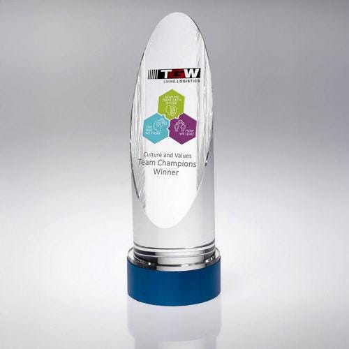 Clear Glass Round Column On Blue Metal Base (70mm Diameter) - Personalisable Engraving