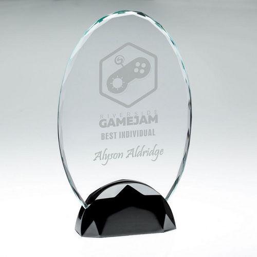 Clear Glass Oval Plaque (10mm Thick) In Gun Metal Base - Personalisable Engraving