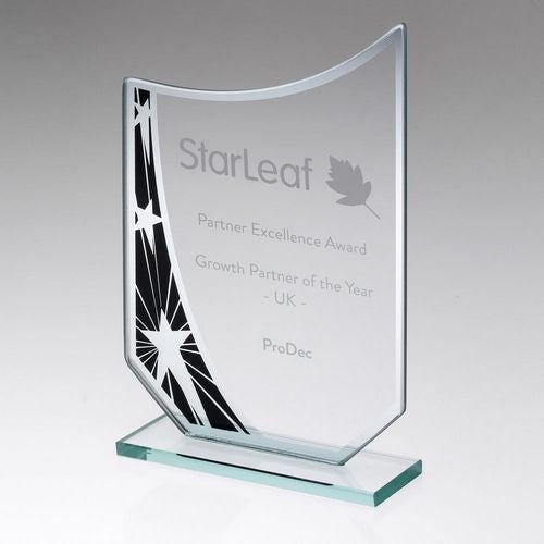 Jade Glass Curved Plaque With Black/Silver Star Design (4mm Thick) - Personalisable Engraving