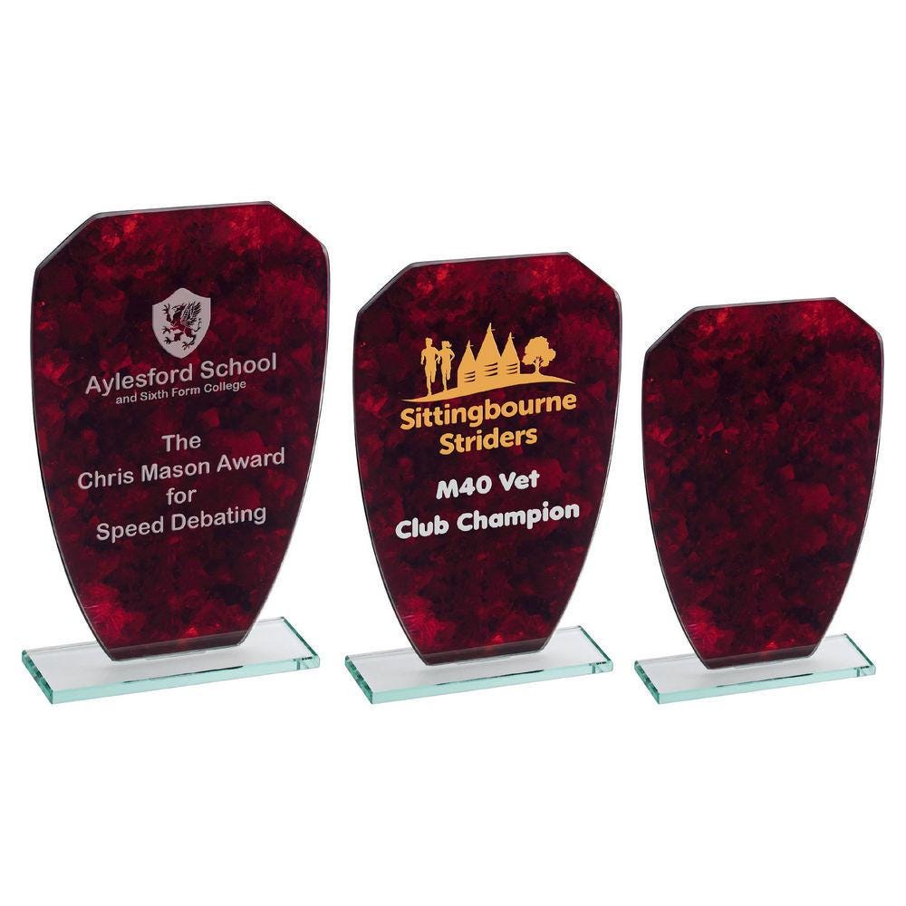 Red Marble Backed Jade Glass Shield (4mm Thick) - Personalisable Engraving