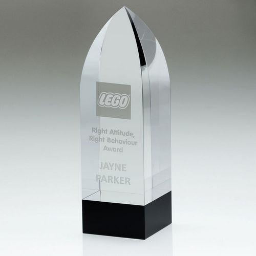 Clear Glass Arrowhead (20mm Thick) On Round Black Base - Personalisable Engraving