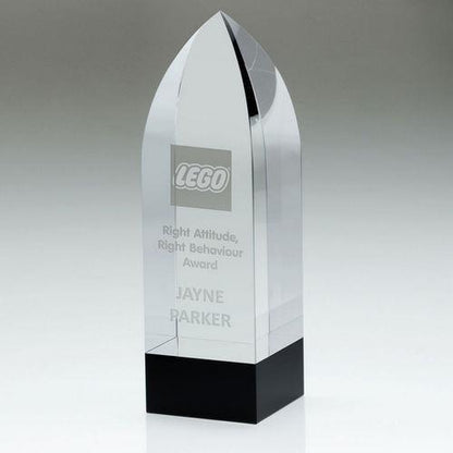 Clear Glass Arrowhead (20mm Thick) On Round Black Base - Personalisable Engraving