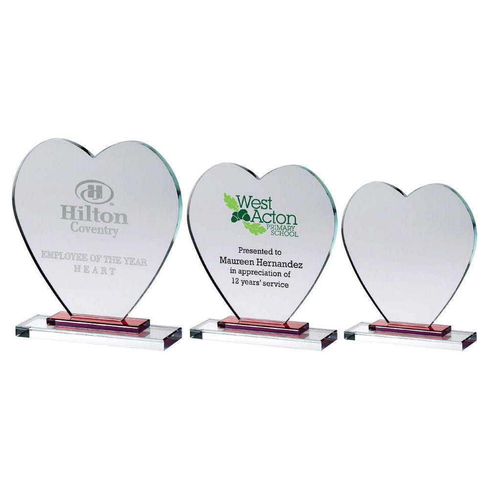 Clear Glass Heart With Red Stepped Base (10mm Thick) - Personalisable Engraving