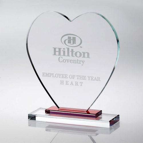 Clear Glass Heart With Red Stepped Base (10mm Thick) - Personalisable Engraving